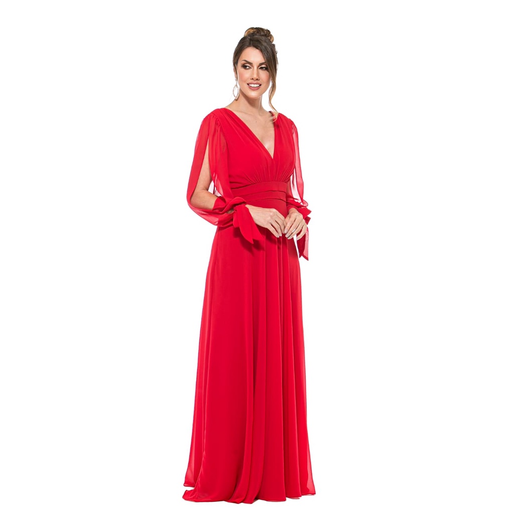 Vestido longo vermelho com sales manga