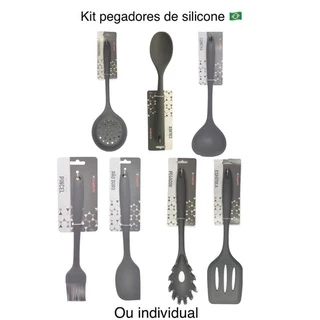 Colher de Arroz /Espátula/Pincel/ Pão Duro/Escumadeira/Pegador/Concha de Silicone cor Cinza e Kit