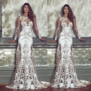 Mulheres Elegante Renda Veja Através De Malha Manga Longa Dama De Honra Noiva Casamento Vestido Longo Senhoras Lindo Festa Maxi Gown