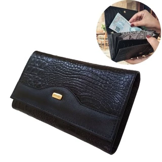 Carteira Feminina de Couro Legítimo Preta Croco Completa Elegante