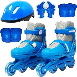 Patins Ajustável 4 Rodas Com Kit Segurança Capacete Proteção Azul Tamanho 31 ao 34