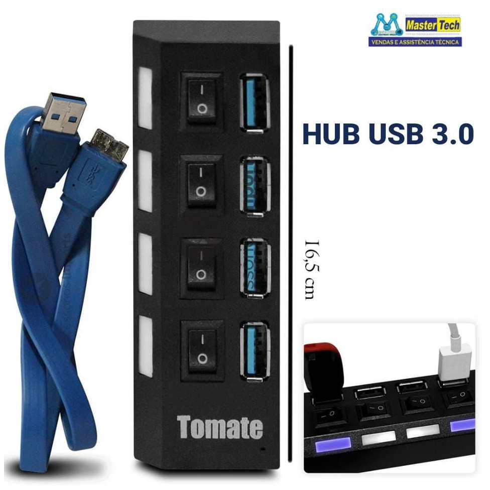 Hub Usb 3.0 4 Portas Chave On Led 5 Gbps Rápido Cabo Micro B TOMATE