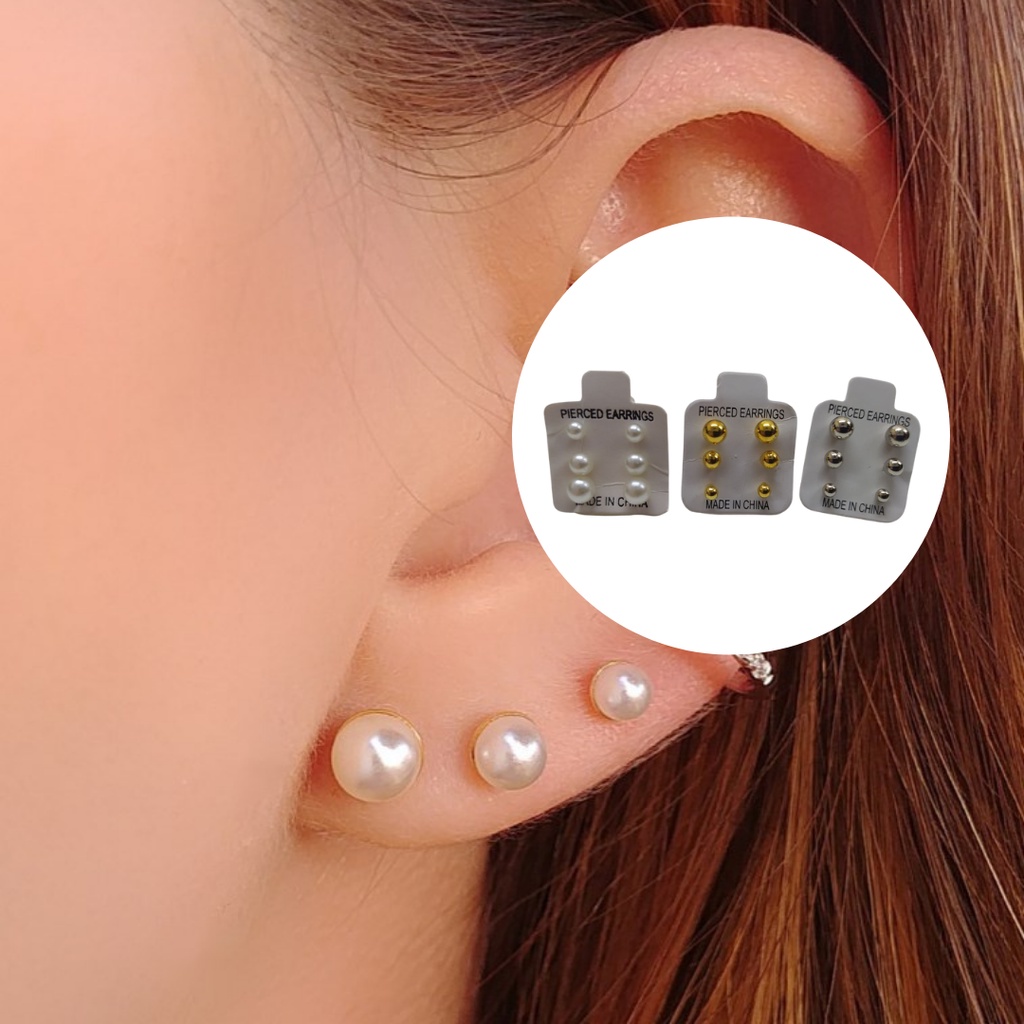 Brinco feminino pérola cartela 3 unidades prata e dourado KIT 3 CARTELAS