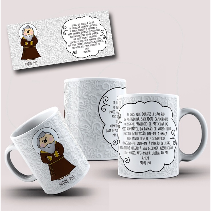 Caneca Padre Pio Fica Comigo Senhor Porcelana