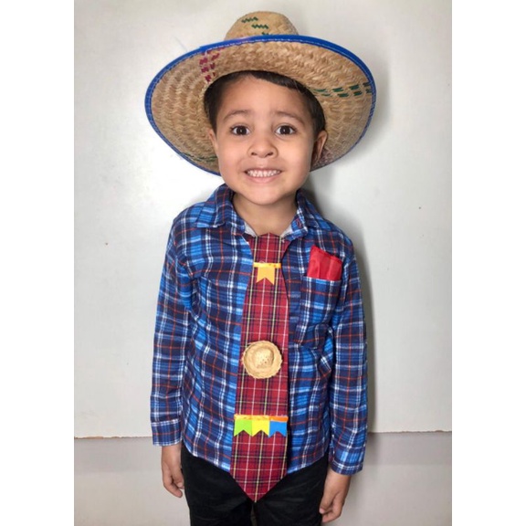 CAMISA INFANTIL COM GRAVATA E CHAPÉU- FESTA JUNINA PRETO - XADREZ