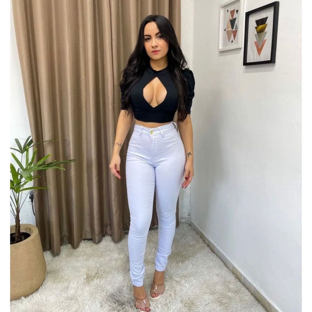 Calça jeans branca hot sale com lycra feminina