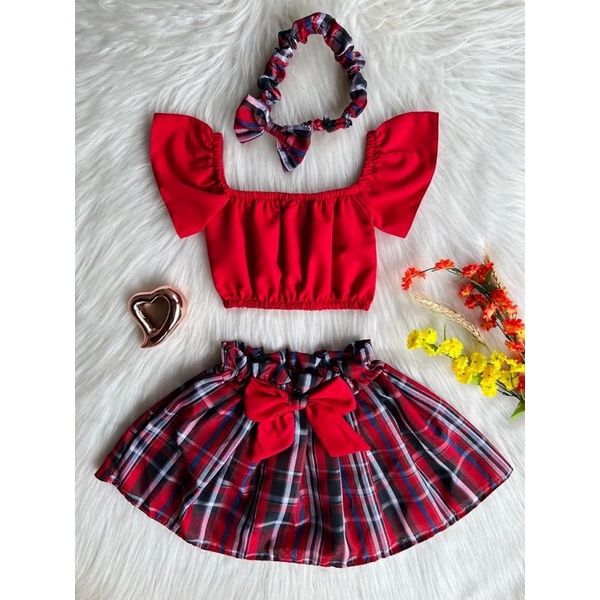 Conjunto Infantil Feminino Xadrez com Saia