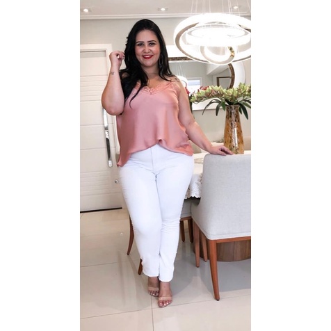 Calça Jeans Feminino Plus Size Cintura Alta com lycra branca