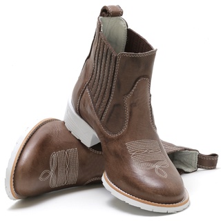 Bota Texana Country Bico Redondo Sola Branca Botina Rhl Em Couro Legítimo