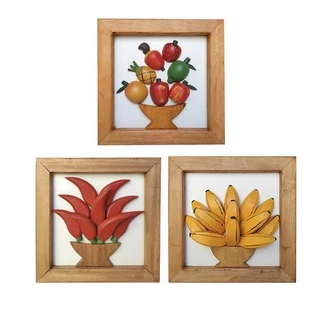 Conjunto Kit Quadro De Banana Pimenta e Frutas Artesanal Escultura Alto Relevo De Parede Grande