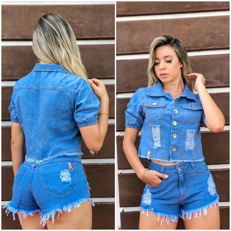 Jaqueta jeans store manga curta feminina