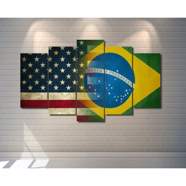 Quadro Decorativo Bandeiras EUA E Brasil 5 Peças 200x100cm