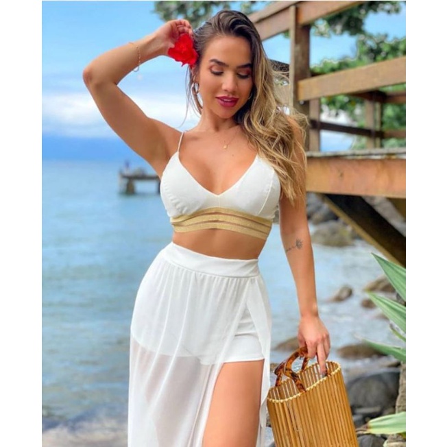 Conjunto saia longa e cropped branco