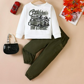 Garotos de manga comprida Cartoon Cartoon Cartoon Impresso Sweatshirt do Exército Calças verdes de duas peças