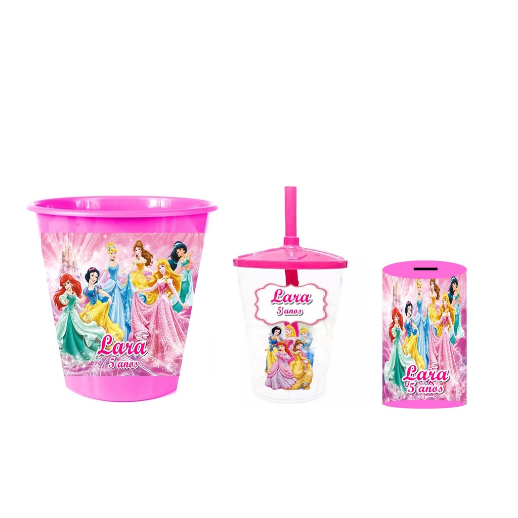 15 Copos Twister 400ml + 15 Baldes de Pipoca 1,5lt + 15 Cofrinhos Kit Festa Personalizado Princesas