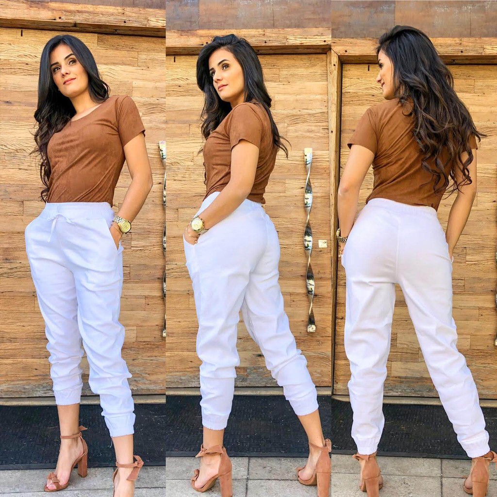 Calça Branca Jogger Feminina Tecido Bengaline Moda Blogueira