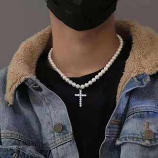 Retro Strass Cruz Pingente Colar Para Homens Imitação Pérola Clavícula Corrente Elegante Neutro Jóias Decorativas