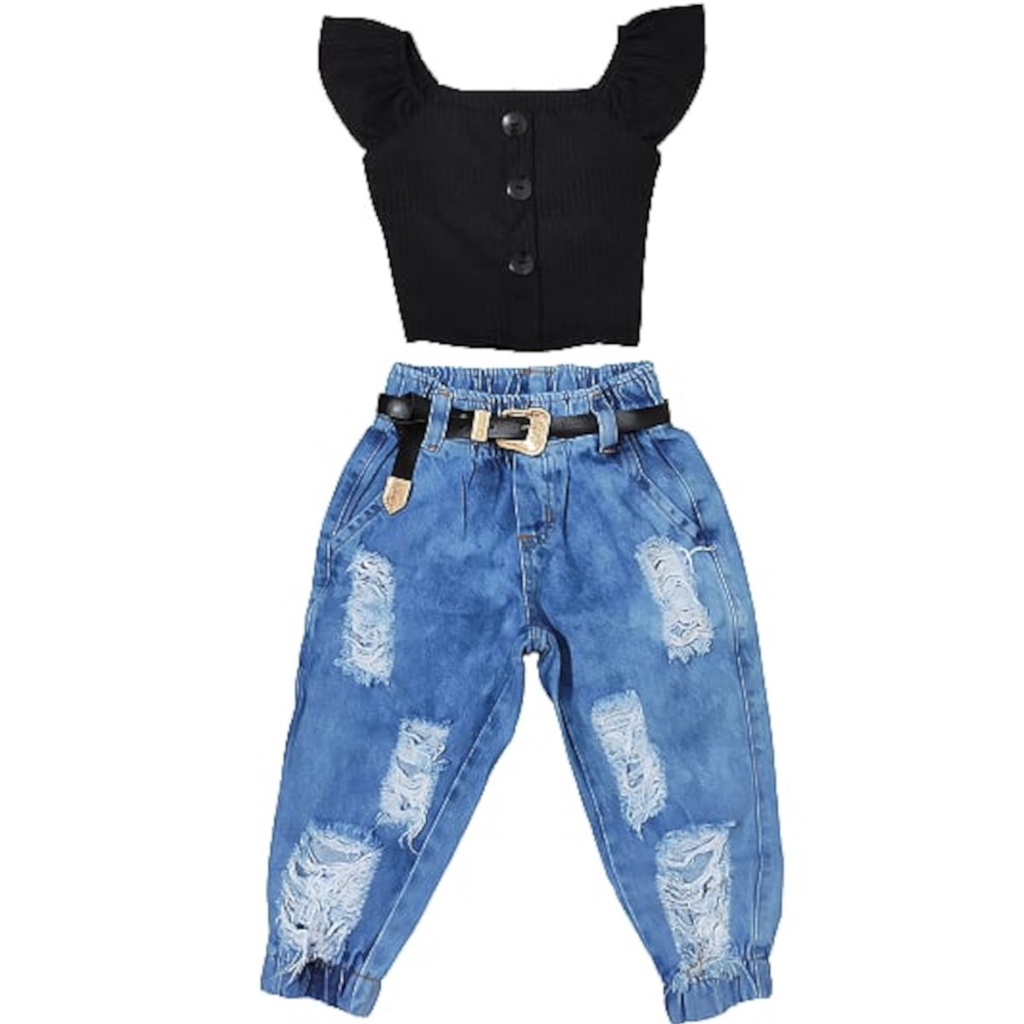 Conjunto infantil cropped e calça jeans jogger destroyed roupa de menina  mini diva modinha