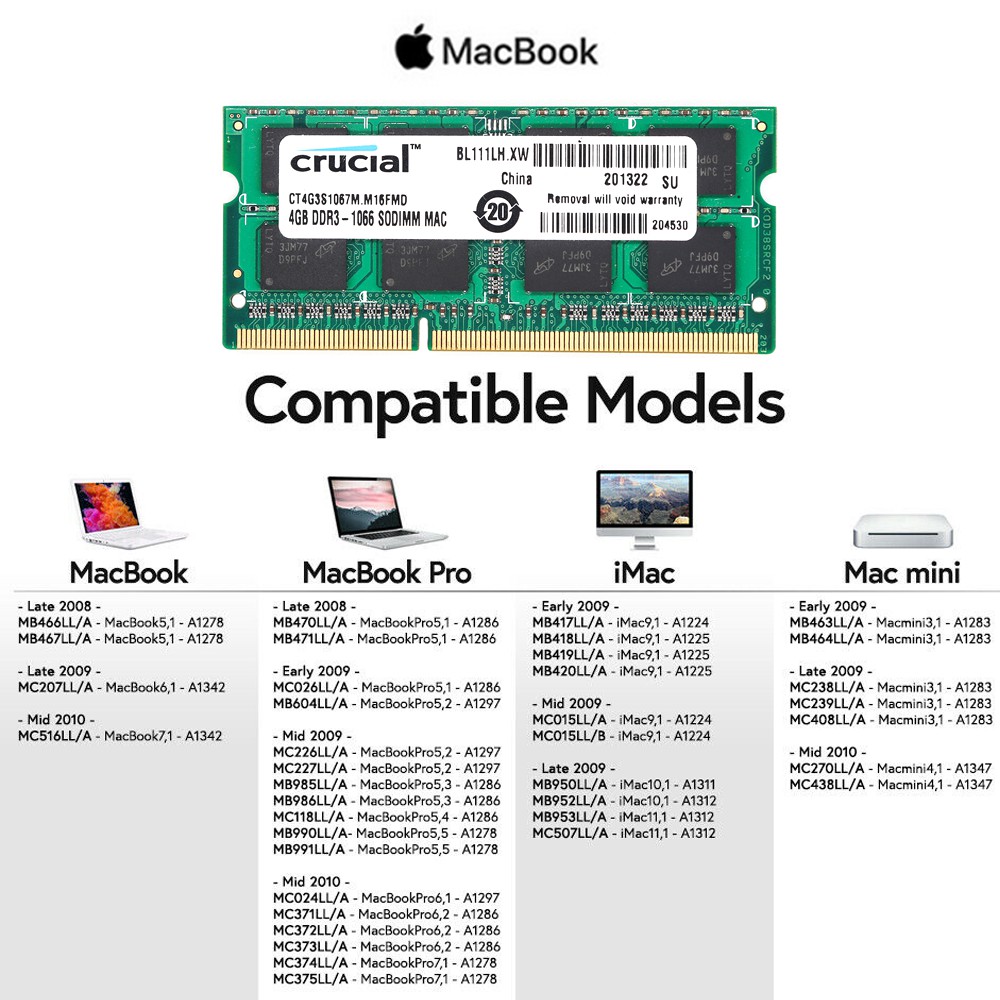 New Crucial 4gb DDR3 1066MHz PC3-8500S Apple Macbook Pro Imac Mac Mini Mid 2009 2010 Memória | Shopee Brasil