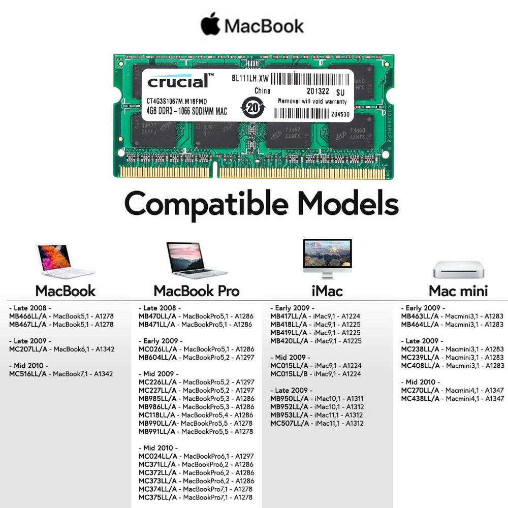 New Crucial 4gb DDR3 1066MHz PC3-8500S Apple Macbook Pro Imac Mac