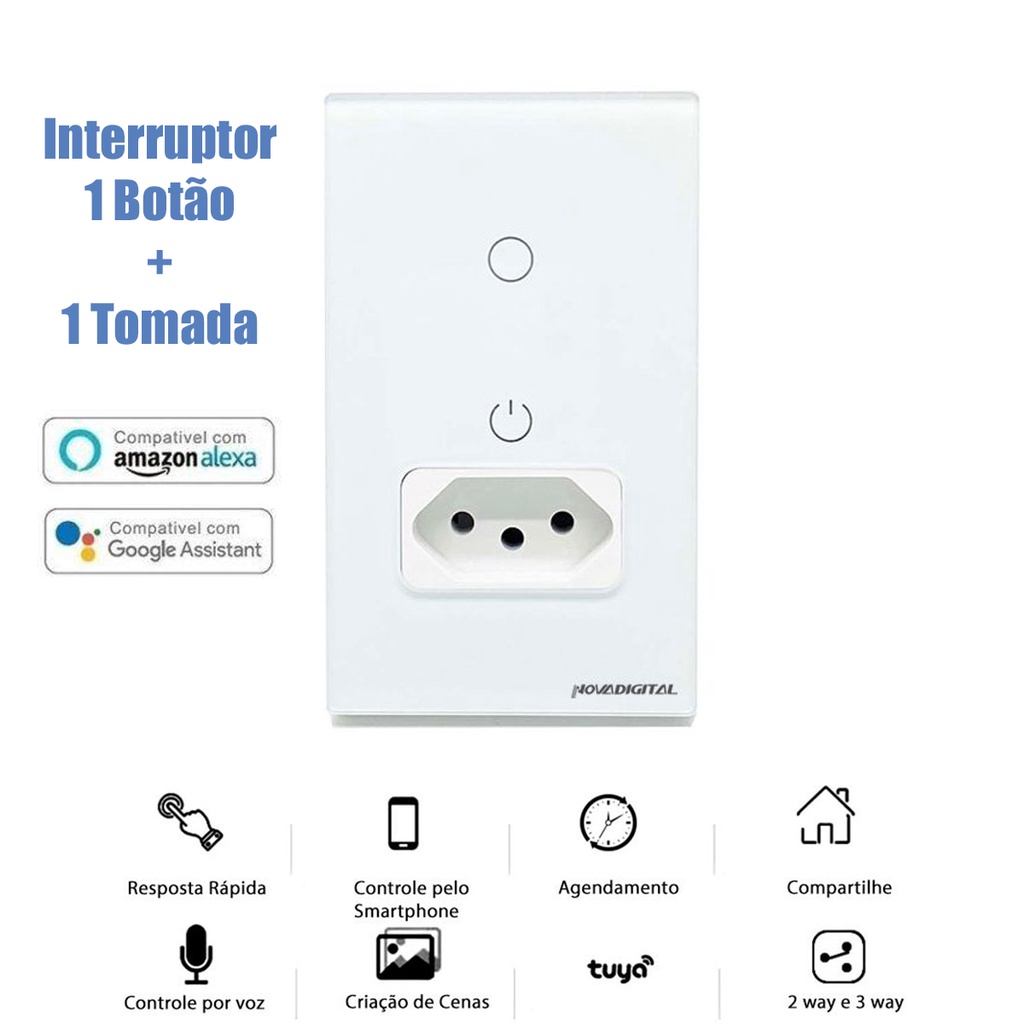 Interruptor Com 2 Botões e 1 Tomada Wifi Nova Digital Tuya Smart Life -  Loja Geek Smart - Automação Residencial