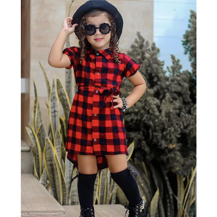 Vestido Infantil Xadrez Preto com Faixa na Cintura - Big Bless