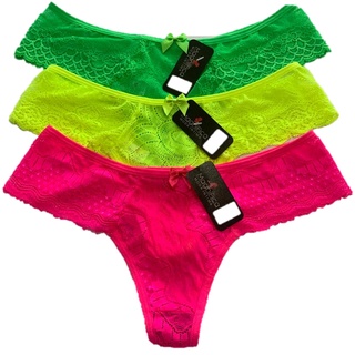 Tanga Neon Renda Confort Kit 3 Peças Calcinha Renda Lingerie