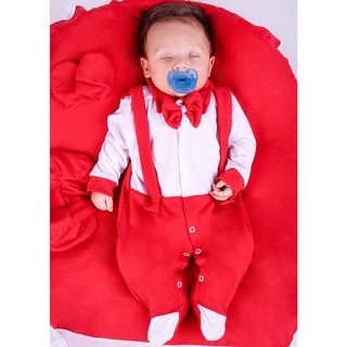 Saida de Maternidade Para Bebe Menino Vermelho 04 peças Heitor Suspensório Marinho Roupas Para Bebê