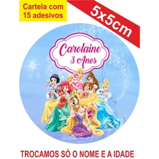 2 Cartelas de Adesivos (30 unidades) Personalizados Princesas 5x5cm Festa Aniversário Lembrancinha