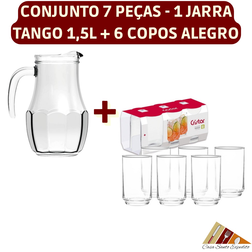 Conjunto 7 Pçs - Jogo 6 Copos as 190ML Nadir Figuereido e 1 Jarra Bar  Vidro Tango 1,5L