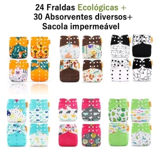Kit enxoval completo de 24 Fraldas Ecológicas + 30 Absorventes Diversos