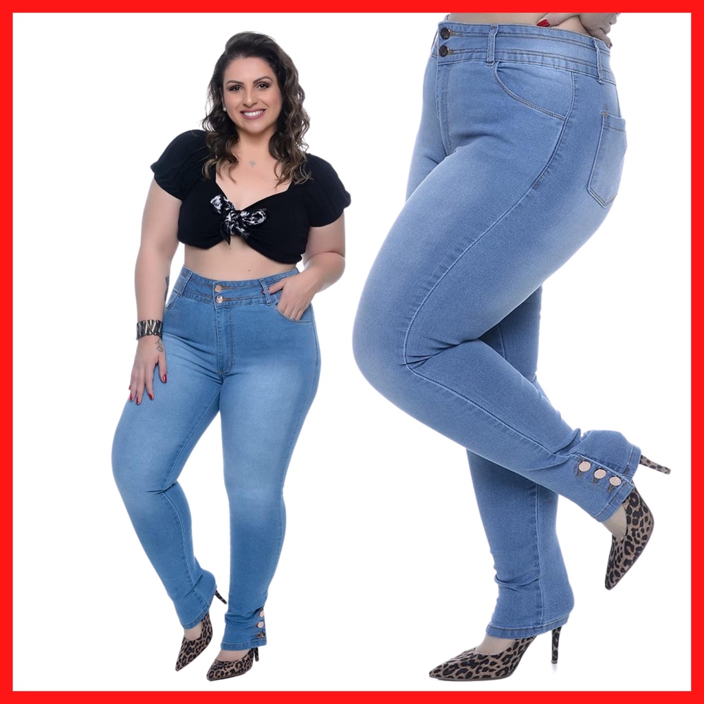 Calça Jeans Cós Alto Duplo Comprime A Cintura Com Lycra