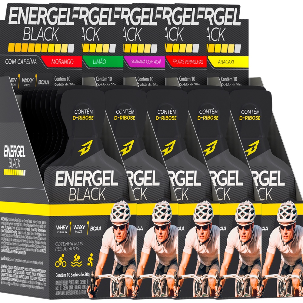 5x Gel Energel Black Cx 10 Sachês Total 50 Sachês BodyAction Cafeína, Maltodextrina, Vitaminas das Mais Variadas, Waxy Maize e Whey Protein