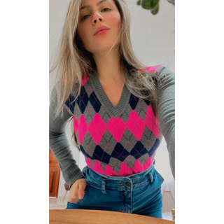 Blusa Tricot Escocesa Feminina Decote V