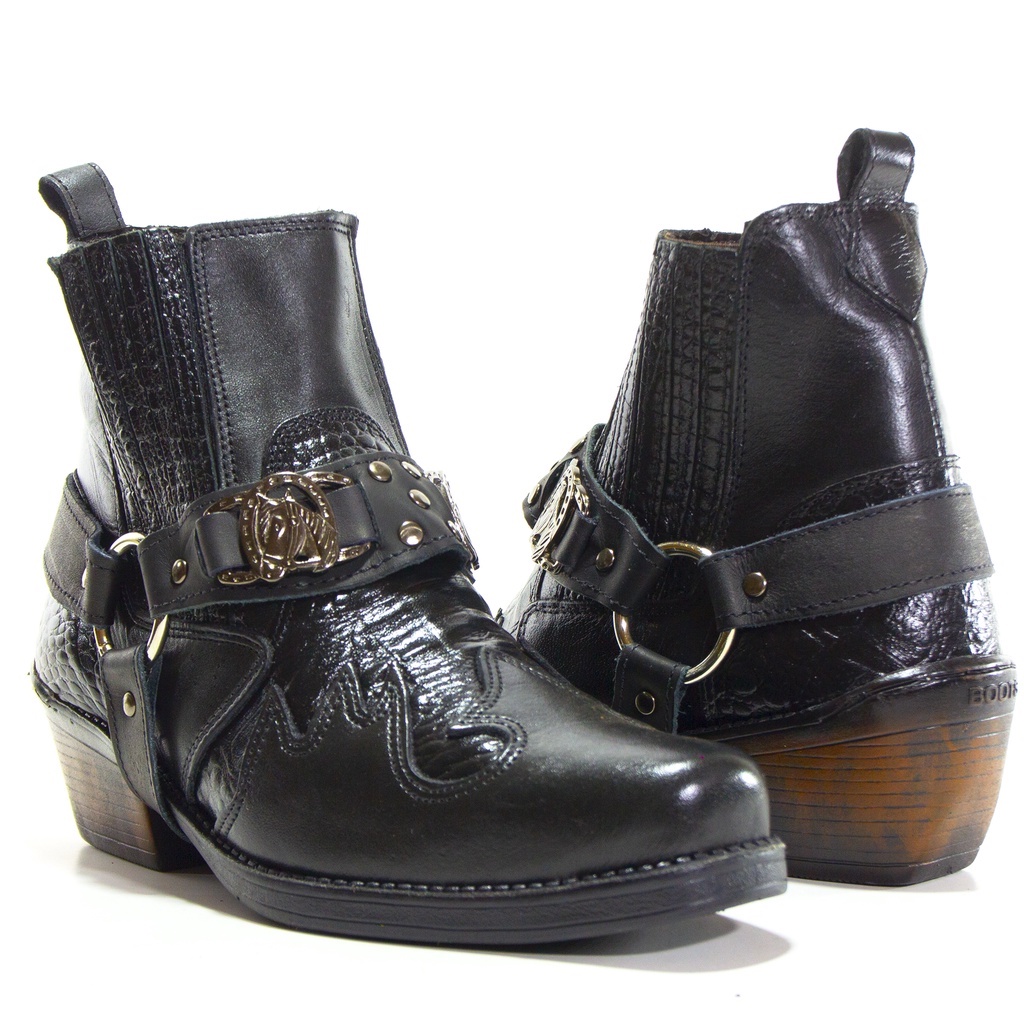 Bota 100% Couro Semi Cromo Preto com Lezar Preto