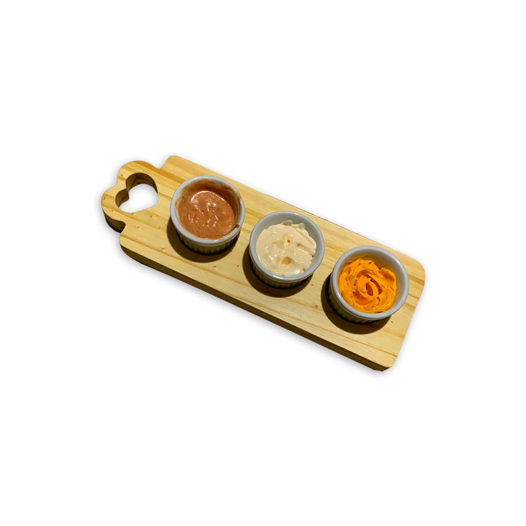 Kit Para Molhos com Trio de Ramequim Branco de Porcelana com Tabua de Madeira