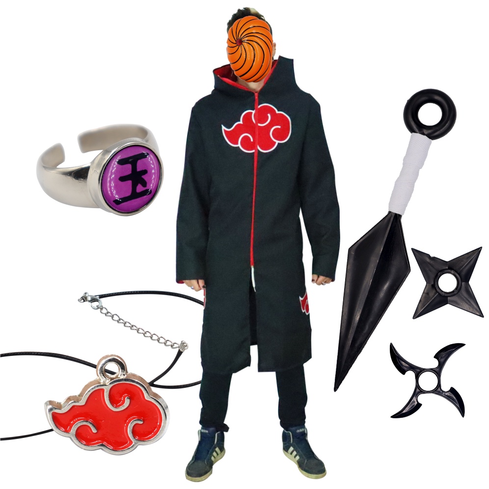 Cosplay Naruto Manto Akatsuki Tobi Anel Mascara Kunai A23