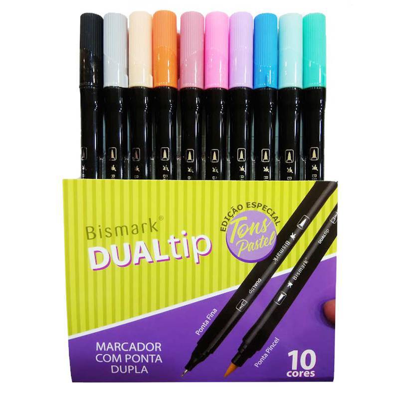 Caneta Pincel Marcador Ponta Dupla Tons Pastel 10 Cores Bismark ...