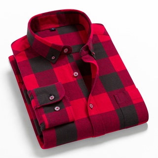 Camisas de algodão xadrez listrado estilo inglês masculina, bolso com  remendo único, manga longa, ajuste padrão