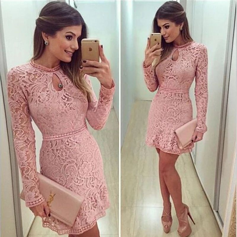 Vestido Rosa Mini Manga Longa Renda - Compre Agora Online