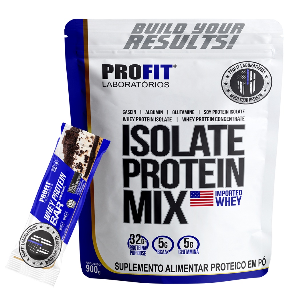 Kit Isolate Whey Protein Mix 900g + Barra de Proteína 13g de Proteína Profit Labs