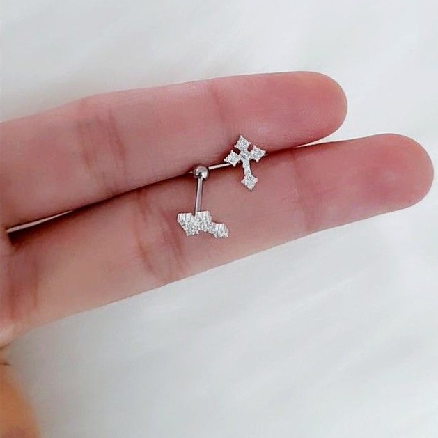 Piercing Tragus de Prata Cruz com Zircônias prata 925