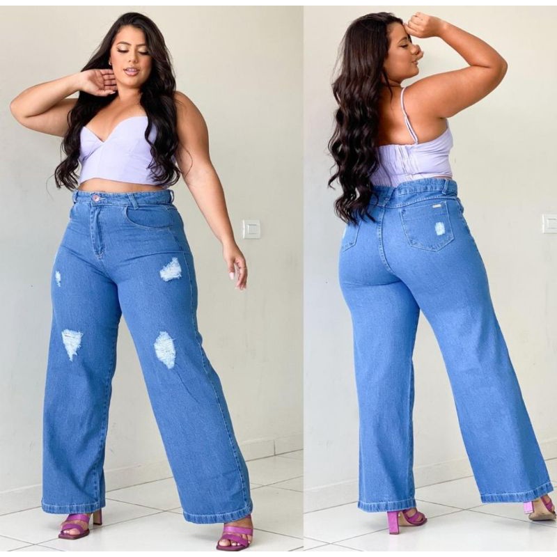 calça jeans wide leg plus size