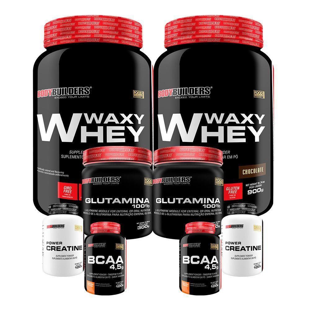 Kit 2x Waxy Whey 2kg + 2x Creatina 100g + 2x Bcaa 100g + 2x Glutamina 300g + Coqueteleira – Bodybuilders