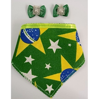 Combo Copa Qatar Par de Lacinhos Pet Luxo Glitter + Bandana Pet Brasil Copa do Mundo 2022 Verde, Amarelo, Azul, Prata