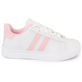 Tênis Sapato Branco Infantil Juvenil Kids Feminino Menina Escolar Casual Criança com detalhe em Faixa Lateral Rosa e Preta com Cadarço Dia a dia Lazer Passeio