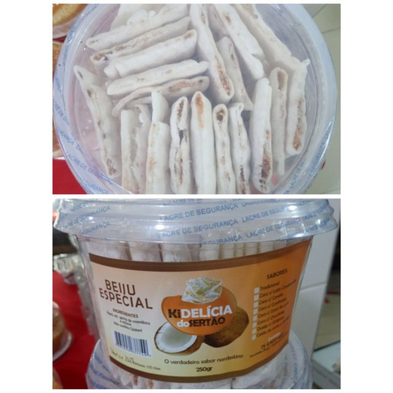 Beiju de tapioca recheado com côco - pote com 200g - sequinho, crocante e delicioso para tomar com café - produto da Bahia