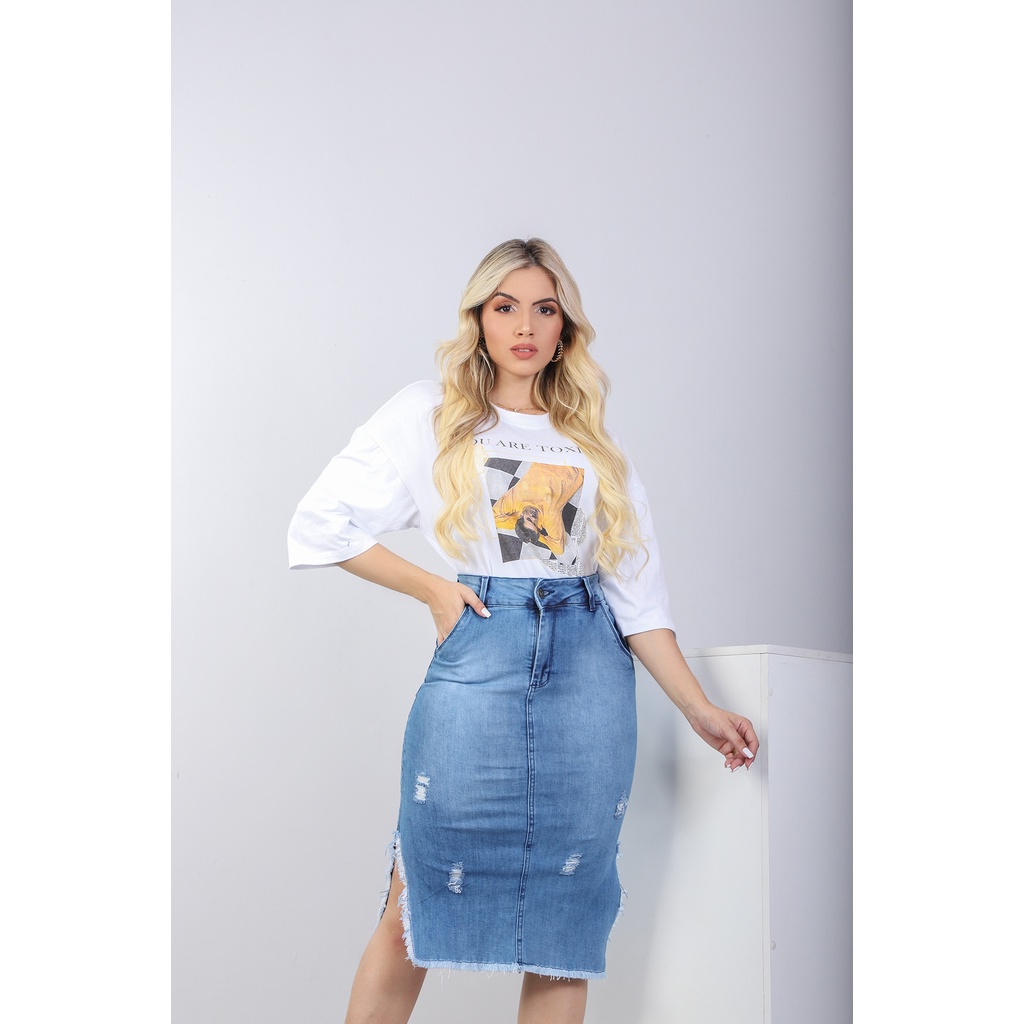 Saia jeans hot sale midi desfiada