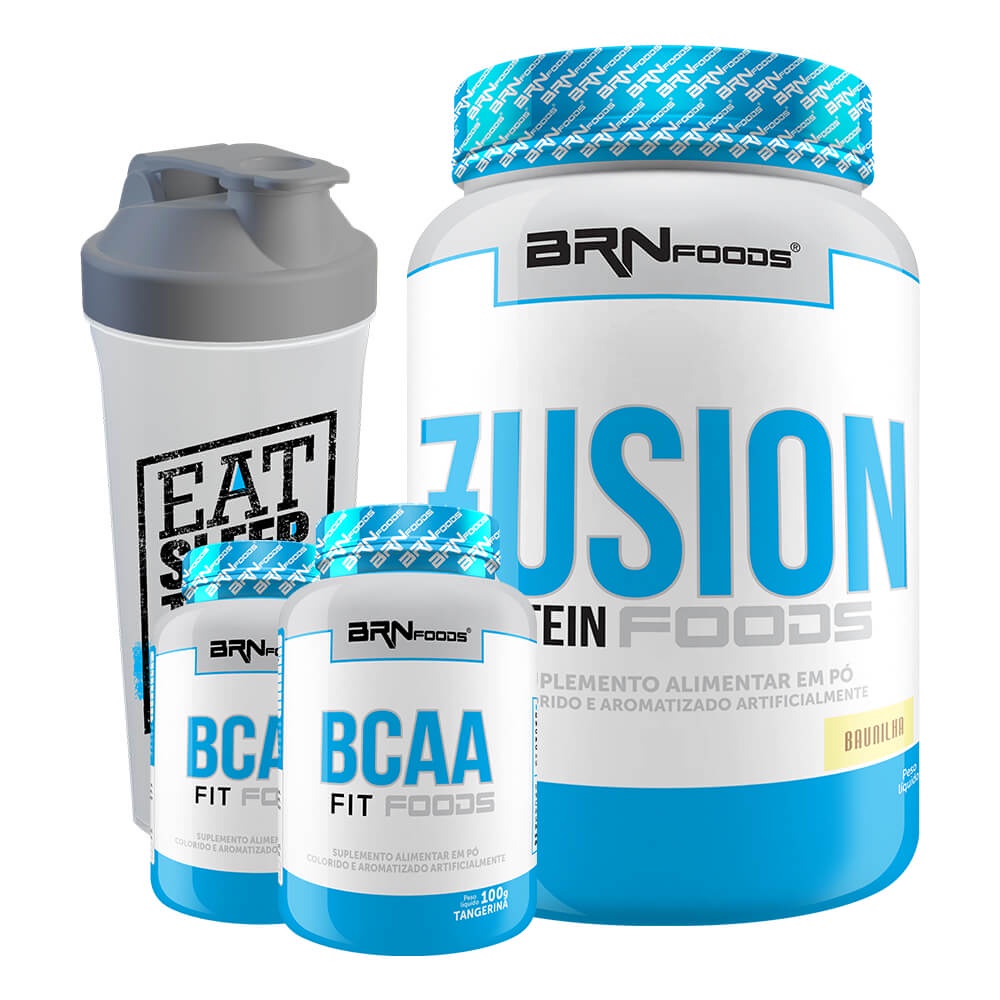 Kit Whey Protein Fusion Protein 900g + 2x BCAA 100g Sabor Tangerina + Coqueteleira 600ml – BRNFOODS