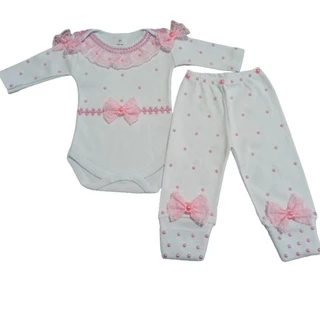 Conjunto bebe saida de matenidade body manga longa e mijao com perola